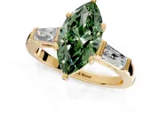3 Stone Engagement Ring Setting for Fancy Green Marquise Center with Tapered Baguettes, Plain Band and Prong Head in Yellow Gold