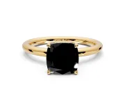 Hidden Halo Engagement Ring Setting for Fancy Black Cushion Cut Center with Thin Rounded Band and Prong Head in Yellow Gold
