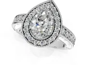 Milgrain Halo Engagement Ring Setting for Pear-Shaped Center with Pave Band and Prong Head in Sterling Silver