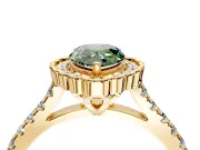 Milgrain Floral Halo Engagement Ring Setting for Fancy Green Pear-Shaped Center with Pave Band and Prong Head in Yellow Gold