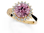 Starburst Halo Engagement Ring Setting for Fancy Pink Round Cut Center with Flat Cathedral Band and Prong Head in Yellow Gold