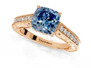 Solitaire Engagement Ring Setting for Fancy Blue Cushion Cut Center with Engraved Pave Band and Prong Head in Rose Gold