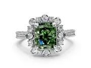 Milgrain Halo Engagement Ring Setting for Fancy Green Radiant Cut Center with Bezel Point Accents and Prong Head in White Gold