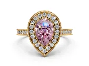 Halo Engagement Ring Setting for Fancy Pink Pear-Shaped Center with Milgrain Pave Band and Bezel Head in Yellow Gold