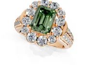 Large Accent Halo Engagement Ring Setting for Fancy Green Emerald Cut Center with Pave Split Shank and Prong Head in Rose Gold