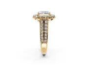 Large Accent Halo Engagement Ring Setting for Radiant Cut Center with Pave Split Shank and Prong Head in Yellow Gold