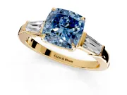 3 Stone Engagement Ring Setting for Fancy Blue Cushion Cut Center with Baguette Accents and Prong Head in Yellow Gold