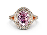 Double Halo Engagement Ring Setting for Fancy Pink Oval Center with Narrow Pave Split Shank and Prong Head in Rose Gold