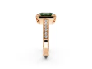 Milgrain Halo Engagement Ring Setting for Fancy Green Emerald Cut Center with Wide Pave Band and Prong Head in Rose Gold
