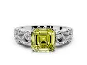 Leaf Engagement Ring Setting for Fancy Yellow Asscher Cut Center with Milgrain Accent Band and Prong Head in Sterling Silver