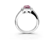 Milgrain Halo Engagement Ring Setting for Fancy Pink Radiant Cut Center with Three-Sided Pave Band and Prong Head in White Gold