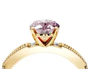 Solitaire Engagement Ring Setting for Fancy Pink Oval Center with Milgrain-Edged Pave Band and Prong Head in Yellow Gold