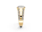 Halo Engagement Ring Setting for Radiant Cut Center with Wide-Open Pave Split Shank and Prong Head in Yellow Gold