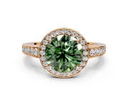 Bezel-Framed Halo Engagement Ring Setting for Fancy Green Round Cut Center with Pave Band and Prong Head in Rose Gold
