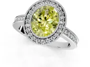Halo Engagement Ring Setting for Fancy Yellow Oval Center with Milgrain Halo, Pave Band and Prong Head in White Gold