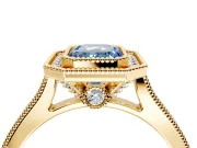 Halo Engagement Ring Setting for Fancy Blue Emerald Cut Center with Milgrain Pave Band and Bezel Head in Yellow Gold