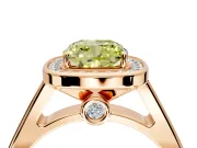 Halo Engagement Ring Setting for Fancy Yellow Cushion Cut Center with Outer Bezel Rim, Pave Band and Prong Head in Rose Gold