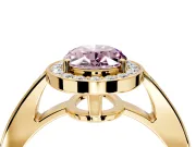 Bezel-Framed Halo Engagement Ring Setting for Fancy Pink Oval Center with Pave Band and Prong Head in Yellow Gold