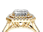Double Halo Engagement Ring Setting for Asscher Cut Center with Narrow Pave Split Shank and Prong Head in Yellow Gold