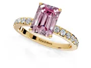 Solitaire Engagement Ring Setting for Fancy Pink Emerald Cut Center with Round Cut Pave Band and Prong Head in Yellow Gold