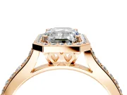 Halo Engagement Ring Setting for Emerald Cut Center with Pave Accents, Heart Basket and Prong Head in Rose Gold