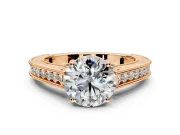 Solitaire Engagement Ring Setting for Round Cut Center with Engraved Pave Band and Prong Head in Rose Gold