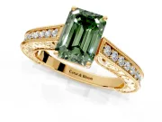 Solitaire Engagement Ring Setting for Fancy Green Emerald Cut Center with Engraved Pave Band and Prong Head in Yellow Gold