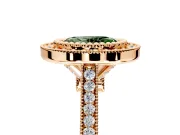 Halo Engagement Ring Setting for Fancy Green Oval Center with Milgrain Frame, Pave Band and Prong Head in Rose Gold