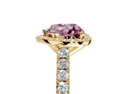 Halo Engagement Ring Setting for Fancy Pink Heart-Shaped Center with Full Pave Band and Prong Head in Yellow Gold