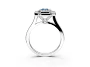 Halo Engagement Ring Setting for Fancy Blue Emerald Cut Center with Milgrain Frame, Pave Band and Prong Head in Sterling Silver