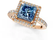 Halo Engagement Ring Setting for Fancy Blue Princess Cut Center with Inner Milgrain Border and Prong Head in Rose Gold