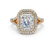 Double Halo Engagement Ring Setting for Radiant Cut Center with Narrow Pave Split Shank and Prong Head in Yellow Gold