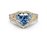 Halo Engagement Ring Setting for Fancy Blue Heart-Shaped Center with Narrow Pave Split Shank and Prong Head in Yellow Gold
