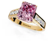 Solitaire Engagement Ring Setting for Fancy Pink Radiant Cut Center with Round Cut Channel Band and Prong Head in Yellow Gold