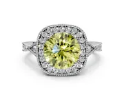Halo Engagement Ring Setting for Fancy Yellow Round Cut Center with Milgrain Rim, Pave Band and Prong Head in Sterling Silver