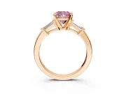 3 Stone Engagement Ring Setting for Fancy Pink Cushion Cut Center with Channel Baguette Accents and Prong Head in Rose Gold