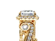 Milgrain Halo Engagement Ring Setting for Princess Cut Center with Shoulder Bezels and Prong Head in Yellow Gold
