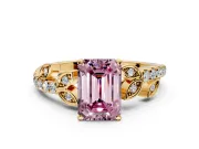 Leaf Motif Engagement Ring Setting for Fancy Pink Emerald Cut Center with Pave Band and Prong Head in Yellow Gold