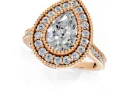 Halo Engagement Ring Setting for Pear-Shaped Center with Milgrain Frame, Pave Band and Prong Head in Rose Gold