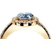 Pave Halo Engagement Ring Setting for Fancy Blue Oval Center with Single Row Pave Band and Prong Head in Yellow Gold