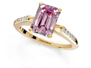 Solitaire Engagement Ring Setting for Fancy Pink Emerald Cut Center with Channel Accents and Prong Head in Yellow Gold