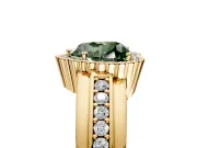 Halo Engagement Ring Setting for Fancy Green Heart-Shaped Center with Wide Band, Inlaid Accent Row and Prong Head in Yellow Gold