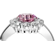 Halo Engagement Ring Setting for Fancy Pink Round Cut Center with Milgrain Channel Band and Prong Head in Platinum