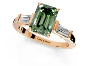 3 Stone Engagement Ring Setting for Fancy Green Emerald Cut Center with Channel Baguette Accents and Prong Head in Rose Gold
