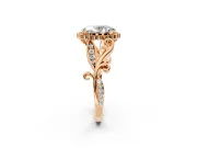 Halo Engagement Ring Setting for Oval Center with Leaf Motif Split Shank and Prong Head in Rose Gold