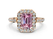 Halo Engagement Ring Setting for Fancy Pink Emerald Cut Center with Heart-Shaped Openwork, Pave Band and Prong Head in Rose Gold