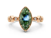 Milgrain Bezel Engagement Ring Setting for Fancy Green Marquise Center with Marquise Stations and Bezel Head in Rose Gold