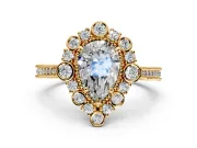 Milgrain Halo Engagement Ring Setting for Pear-Shaped Center with Bezel Point Accents and Prong Head in Yellow Gold