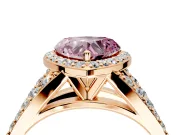Halo Engagement Ring Setting for Fancy Pink Heart-Shaped Center with Narrow Pave Split Shank and Prong Head in Rose Gold
