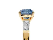 3 Stone Engagement Ring Setting for Fancy Blue Cushion Cut Center with Tapered Baguettes, Plain Band and Prong Head in Yellow Gold